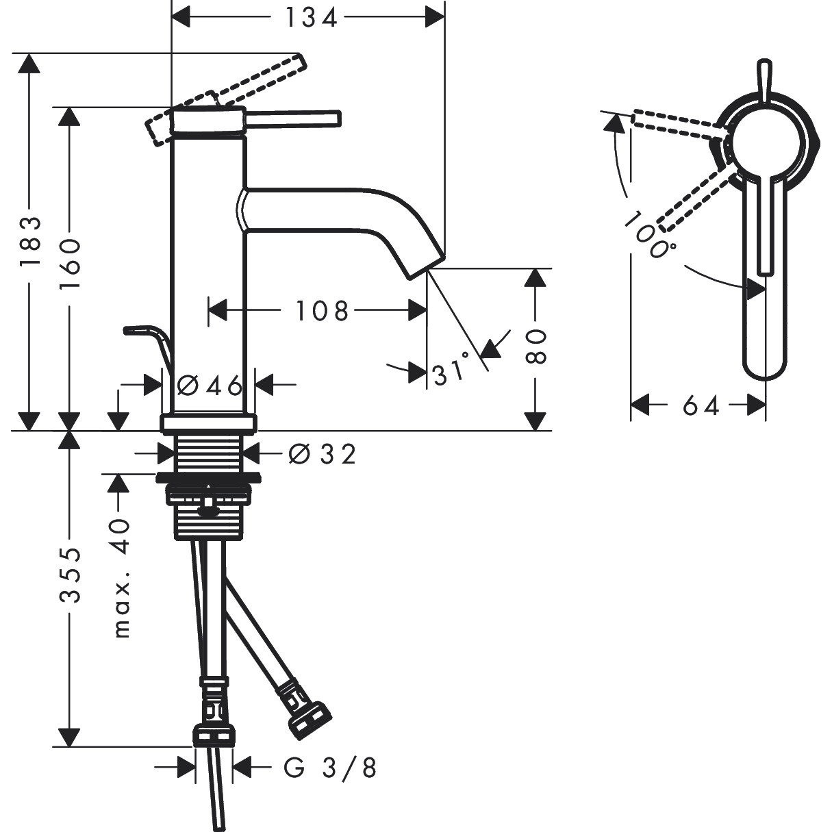 Hansgrohe Tecturis S 73305140 Габаритные размеры