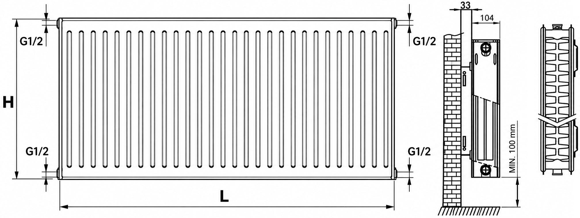 Termoplus Kompakt 22 тип 600x1400, боковое подключение (K22-60-140) Габаритные размеры