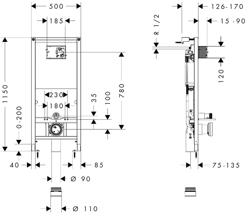 Hansgrohe iFrame Universal + iFrame Original S Black 99002670 Габаритные размеры