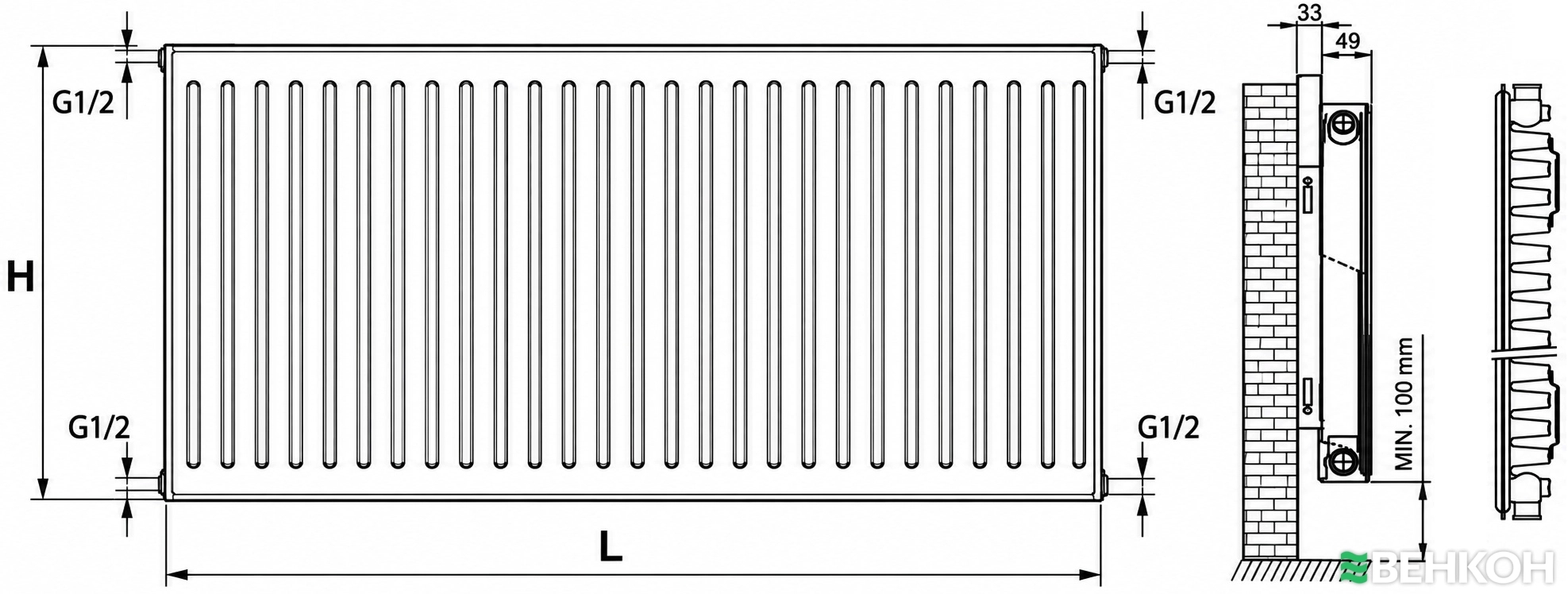 Termoplus Kompakt 11 тип 500x700, бічне підключення (K11-50-070) Габаритні розміри