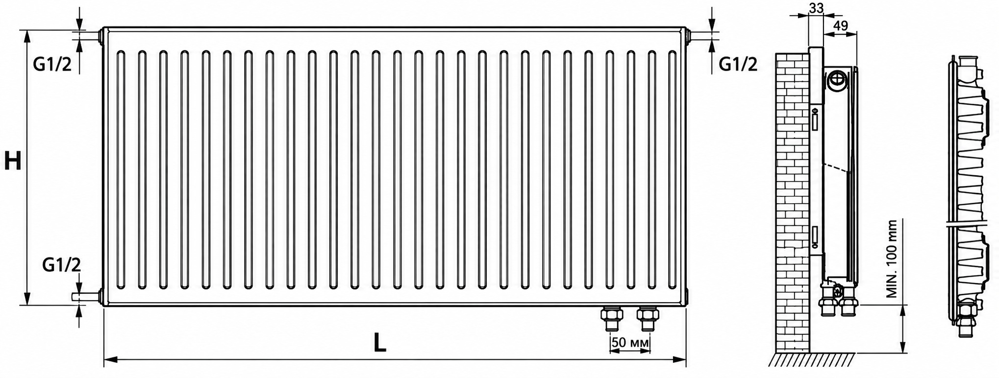 Termoplus Ventil 11 тип 500x800, нижнє підключення (V11-50-080) Габаритні розміри