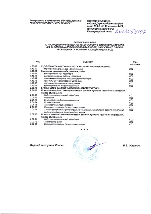 Ліцензія №9-Л от 20.02.2019 на ведення господарської діяльності з будівництва об'єктів для ТОВ Експерт з Кліматичної техніки, сторінка 2