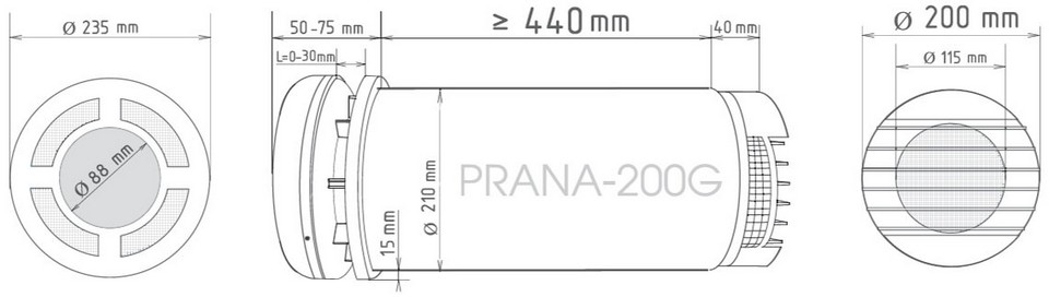 Монтажні розміри рекуператора PRANA – 200 G