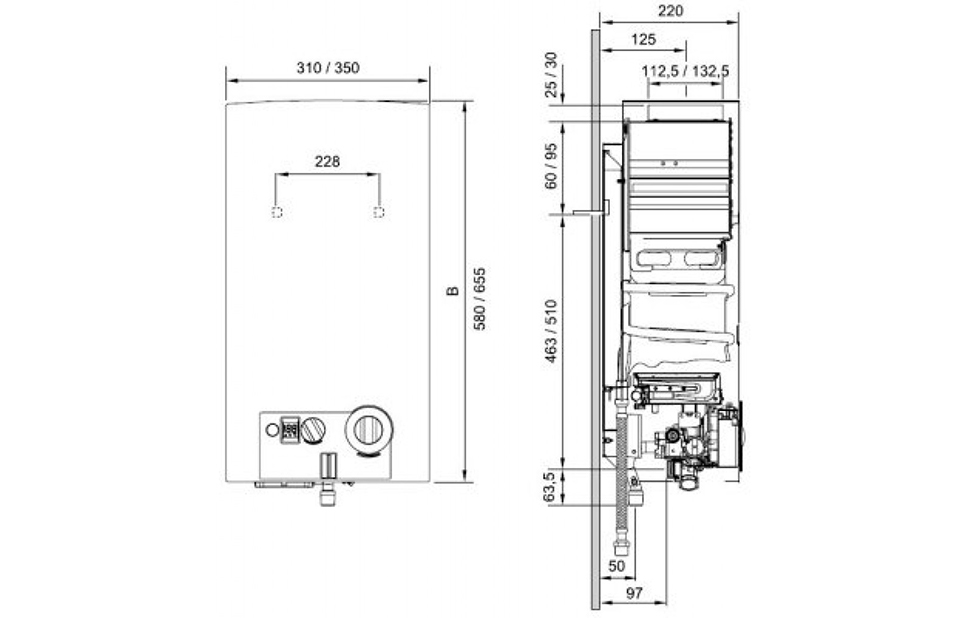 Размеры газовой колонки Bosch Therm 6000 O WRD 15-2 G